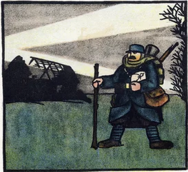 Första världskriget 1914-1918 (14-18): Hårig. Porträtt av fransk armésoldat i militäruniform med ryggsäck, väska och gevär. Gravyr i "Alfabetet från första världskriget 1914-1916 (för våra soldaters barn)". Utgåvorna Berger-Levrault