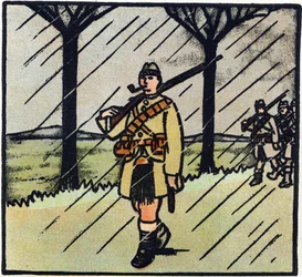 Första världskriget 1914-1918 (14-18): Highlander. Soldaterna från Skottland kom för att hjälpa den franska armén. Deras militäruniform består av en kilt. Gravyr i "Alfabetet från det stora kriget 1914-1916 (för våra soldaters barn)". Editions Berger-L