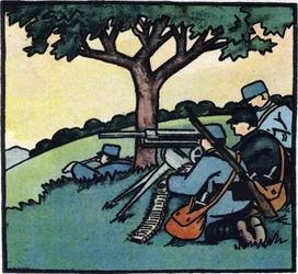 Första världskriget 1914-1918 (14-18): Soldater ur den franska armén använder maskingevär på slagfältet. Gravyr i "Alfabetet från det stora kriget 1914-1916 (för våra soldaters barn)". Utgåvor Berger-Levrault