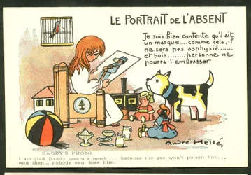 Vykort, färg Satirisk: Porträttet av den frånvarande - Kriget 14-18, barndomsillustration av Andre Helle (1875-1945)