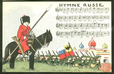 Vykort, satiriskt i färger: Ryska hymnen - Kriget 14-18, Ryssland, sjunger - Soldater Illustration av Andre Helle (1875-1945)