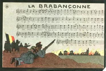 Vykort, satiriskt i färger, ca 1915: La brabanconne - Kriget 14-18, Belgien, Chant - Soldater Illustration av Andre Helle (1875-1945)