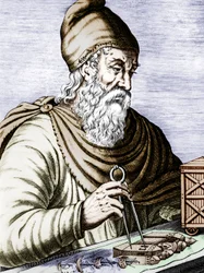 Archimede (287-212 avJC), grekisk siciliansk fysiker och matematiker, graverar färgat dokument
