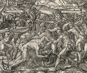 Strid mellan Margageaz och Tabajares stammar, gravyr från Universal Cosmology, av Andre Thevet (1504-1592)