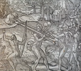 Strid mellan infödda i Kanada, gravyr från Cosmographie Universelle, av Andre Thevet, Paris 1575