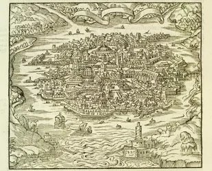 Staden Quinsai (nu Tianjin), gravyr från La Cosmographie Universelle (Universal Cosmography) av Andre Thevet