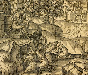 Trofast tillbedjande gudinnan Tata Baba i regionen Muscovy, gravyr från Cosmographie Universelle, av Andre