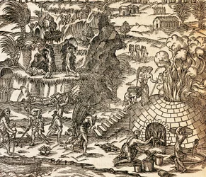 Indiska slavar som arbetar i gruvan på Kuba, Illustration från Cosmography av Andre Thevet, gravyr