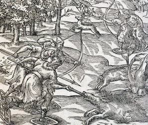 Indianers galtjakt, gravyr från Universal Cosmology, av Andre Thevet (1504-1592), Paris