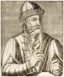 Johannes Gutenberg: tysk uppfinnare vars uppfinning av den rörliga tryckpressen startade tryckrevolutionen, från True Portraits av André Thévet publicerad 1584