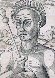 King Quoniambec, Brasilien, gravyr från Universal Cosmology, av Andre Thevet (1504-1592), Paris