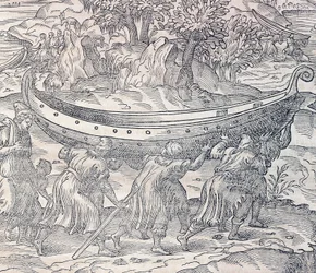Laplanders som bär sina båtar från en plats till en annan, gravyr från Universal Cosmology, av Andre Thevet (1504-1592), Paris