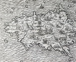 Karta över Sumatra, gravyr av Andre Thevet (1504-1592), Paris, Frankrike