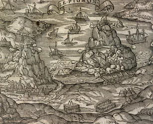 Sjöstrid nära ön Le Pignon, gravyr från Cosmographie universelle, av Andre Thevet (1504-1592), Paris
