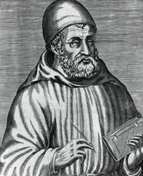 Porträtt av John Duns, vanligen kallad Duns Scotus (1265 eller 1266-1308), skotsk filosof och teolog, gravyr av Andre Thevet (1504-1592) från The Real Portraits and Lives of Illustrious Greek, Latin and Pagan Men