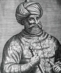 Porträtt av Khayr al-Din, känd som Barbarossa (1465-1546), turkisk korsar och amiral, gravyr av Andre Thevet (1502-1590)