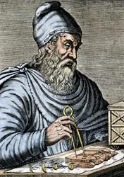 Vetenskapen: Archimede av Syrakusa (287-212 f.Kr.), antik grekisk matematiker, använder en glidande fot för planerna på Archimedes skruv, som han verkar relatera till principen i Egypten och som han använder för att höja vatten. Färggravyr från 1800-talet