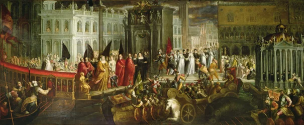 Ankomst av Dogaressa Morosina Morosini Grimani till hertigpalatset, Venedig, ca 1600 (olja på duk)