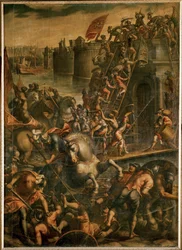 Dogen av Venedig Enrico Dandolo och hans korsfarare stormar staden Zara 1202 (olja på duk)