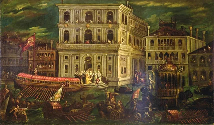 Ombordstigning av Dogaressa Morosina Morosini Grimani 4 maj 1597, Venedig, ca 1600 (olja på duk)