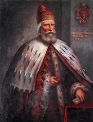 Porträtt av dogen Sebastiano Venier (1496-1578), kondottiär. Han ledde den venetianska flottan tillsammans med Francesco Duodo under slaget vid Lepanto 1571. Målning av Andrea de Michieli, kallad il Vicentino (ca 1539-1617), Venedig, Museo Correr