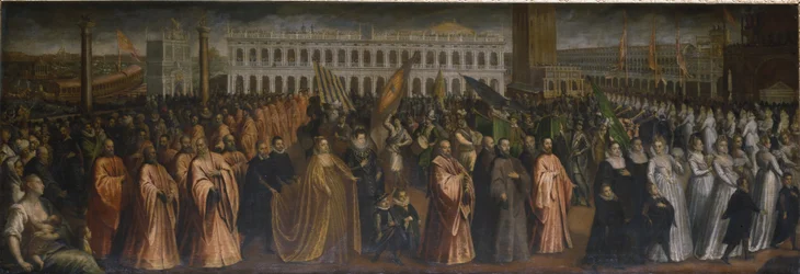 Dogaressan Marina Morosini-Grimani lämnar Palazzo Grimani för sin kröning i Palazzo Ducale i Venedig