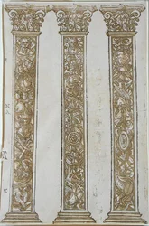 Arkitektoniska motiv som bildar en gräns till processionen av Caesar, av Andrea Andreani (1540-1623) (träsnitt)