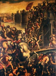 Doge av Venedig Enrico Dandolo och hans korsfarare stormar staden Zadar 1202, olja på duk av Andrea Michieli (cirka 1542-cirka 1617), Fjärde korståget, Kroatien