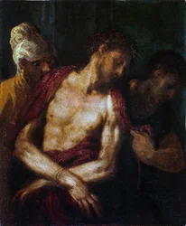Ecce Homo par Schiavone, Andrea (ca 1520-1582). Olja på trä, storlek: 34,9x31,4