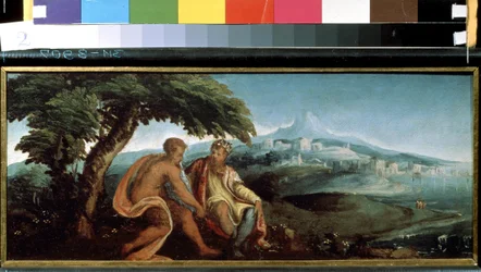 Kung Midas och Pan (Kung Midas och Pan). Målning av Andrea Schiavone (cirka 1520-1582). Olja på duk