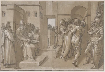 Kristus förs bort, soldater står på höger sida av arket, 1585.
