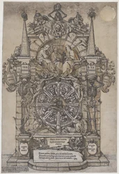 Dödens triumf med tre öden i en arkitektonisk ram ovanför ett lyckohjul flank..., 1588.