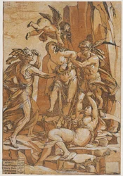 Dygd som ung kvinna i centrum av fyra figurer som representerar kärlek, misstag, okunnighet ..., 1585.