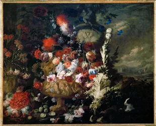 Vas med blommor och frukt i ett landskap - Vase de fleurs et fruits dans un paysage ...