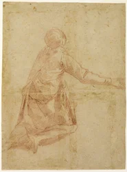 Knästående figur bakifrån (recto); Tre halvlånga studier av beslöjad kvinnlig figur (verso)