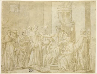 Saints Peter och Paul disputerar med Simon Magus före Nero (recto); Fem scener ur berättelsen om Moses (verso)