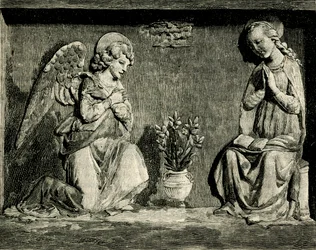 Annunciation, av Andrea Della Robbia (1435-1525 eller 1528), oratorium för Madonna del Buon Consiglio, Prato, Toscana, Italien, träsnitt från Le cento citta d