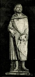 Julianus the Hospitaller, staty av Andrea Della Robbia (1435-1525 eller 1528), oratorium av Madonna del Buon Consiglio, Prato, Toscana, Italien, träsnitt från Le cento citta d