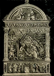 Nativity, altartavla i terrakotta av Andrea della Robbia, från kyrkan Saint Clare, Civic Museum of Sansepolcro, Toscana, Italien, träsnitt från Le cento citta d