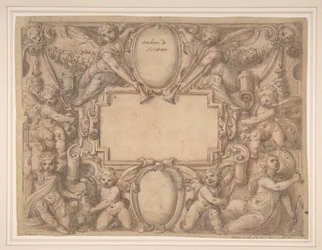 En kartusch och två sköldar omgivna av allegoriska figurer., 1570-1631.