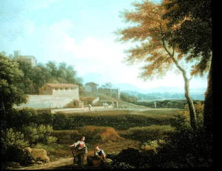 Landskap med figurer i vila med en stad bortom (olja på duk)
