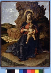 Andrea Mantegna, "Jungfrun av stenbrott"": Virgin and Child och på bakgrunden stenbrott med arbetare på jobbet, Uffizi Gallery, Florens