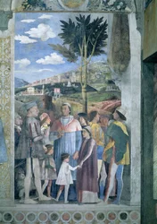 Ankomst av kardinal Francesco Gonzaga, hälsad av sin far Marchese Ludovico Gonzaga III regerade 1444-78 och hans bröder, från Camera degli Sposi eller Camera Picta, 1465-74 freskdetalj av 78449