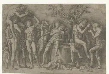 Bacchanal med satyrer och bacchanter vid vinpress