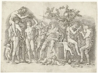 Bacchanal med satyrer och bacchanter vid vinpress