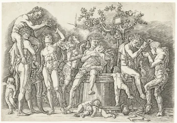 Bacchanal med satyrer och bacchanter vid vinpress