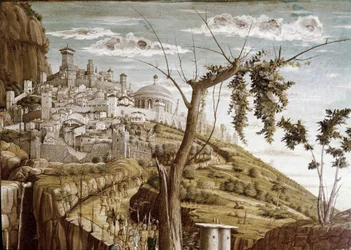 Kristus ber i olivträdens trädgård, vänster del av predellen, San Zenos altartavla (tempera på trä, ca 1457-1460)
