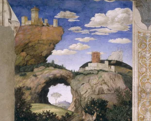 Landskap med ett slott, från Camera degli Sposi eller Camera Picta, 1465-74 (fresk)