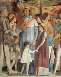Lodovico Gonzaga väntar på att hans son, kardinal Francesco Gonzaga, ska återvända från Rom (fresk)