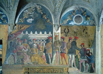 Marchese Ludovico Gonzaga III, hans hustru Barbara av Brandenburg, deras barn, hovmän och deras hund Rubino, från Camera degli Sposi eller Camera Picta, 1465-74
